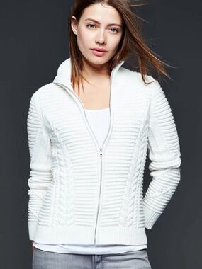 GAP 100% Cotton Cable Knit Full Front Zip Long Sleeve Cardigan US Sz XL